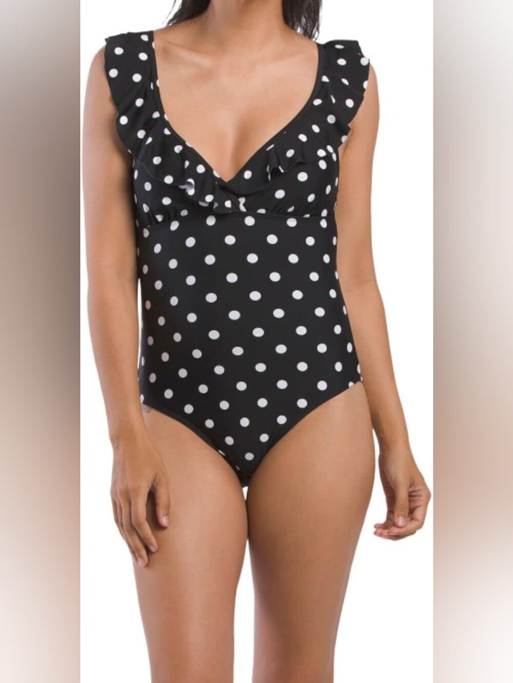 T Tahari Black and White Polka Dot One-Piece Swimwear with Ruffle V-Neck